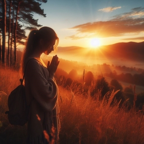 日暮黄昏夕阳余晖美女祈祷剪影图片